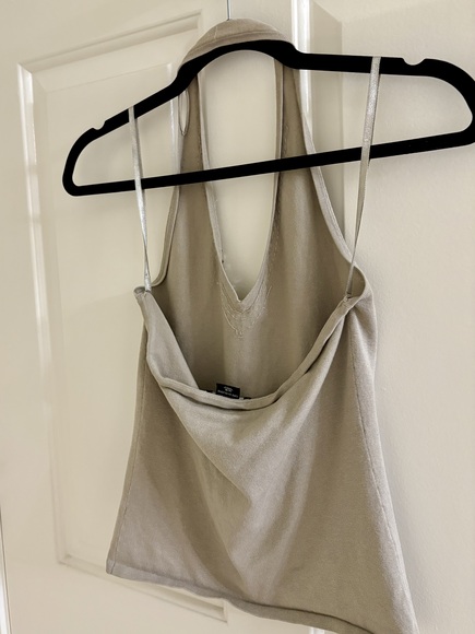 Taupe Sequin Embellished Halter Knit Top | V-Neck Sparkle Detail - Size Small - Picture 5 of 7